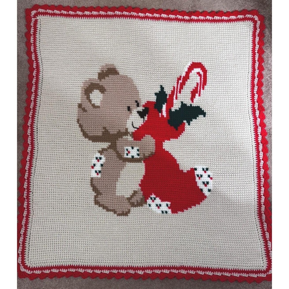Christmas Bear Knitted Baby Blanket 38" X 34" Afghan Crib Infant Throw Handmade